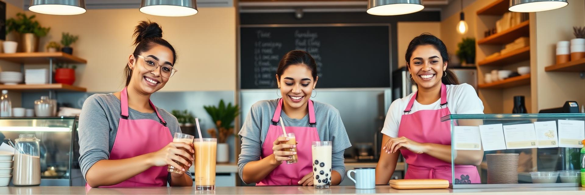 Smiling baristas crafting bubble tea behind the counter