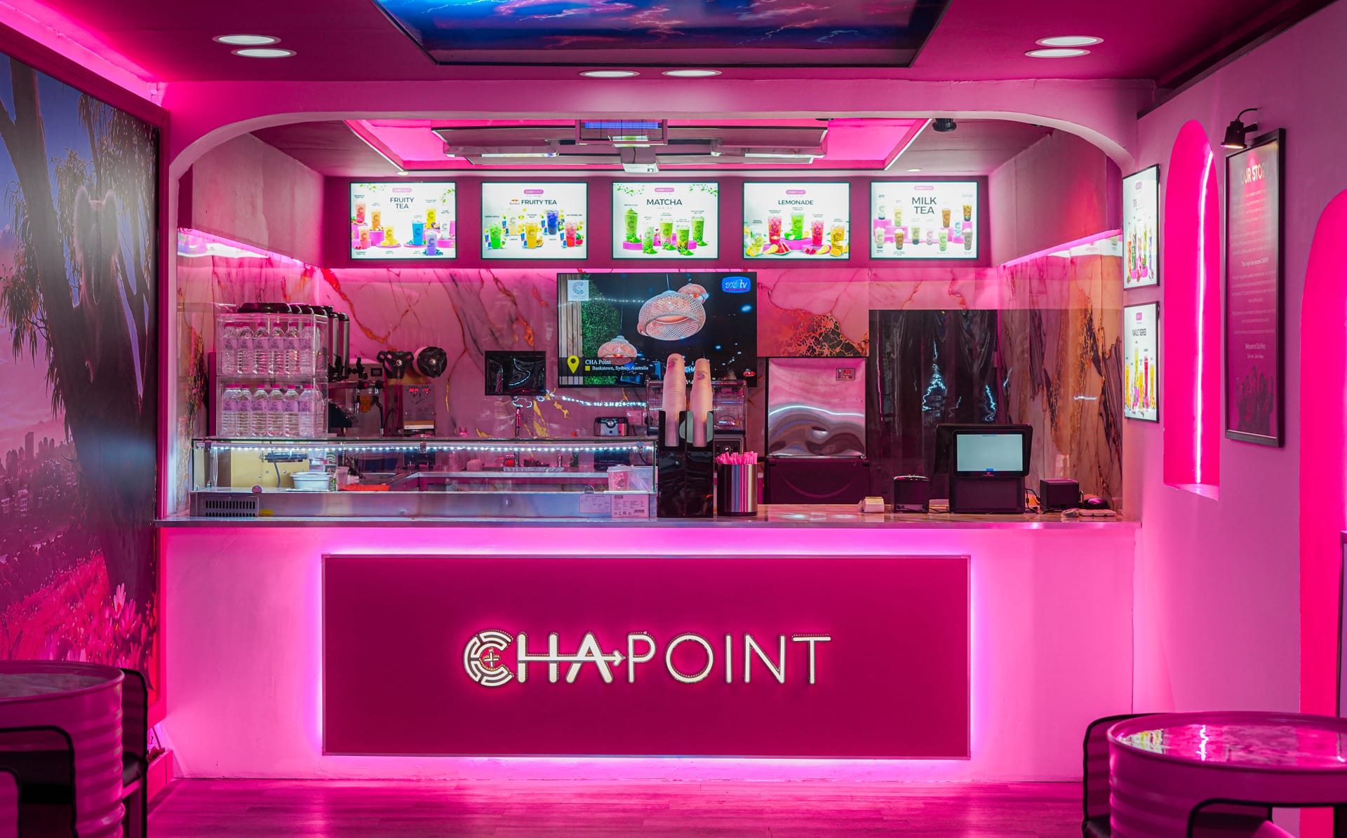 CHAPOINT flagship store interior with neon pink lighting